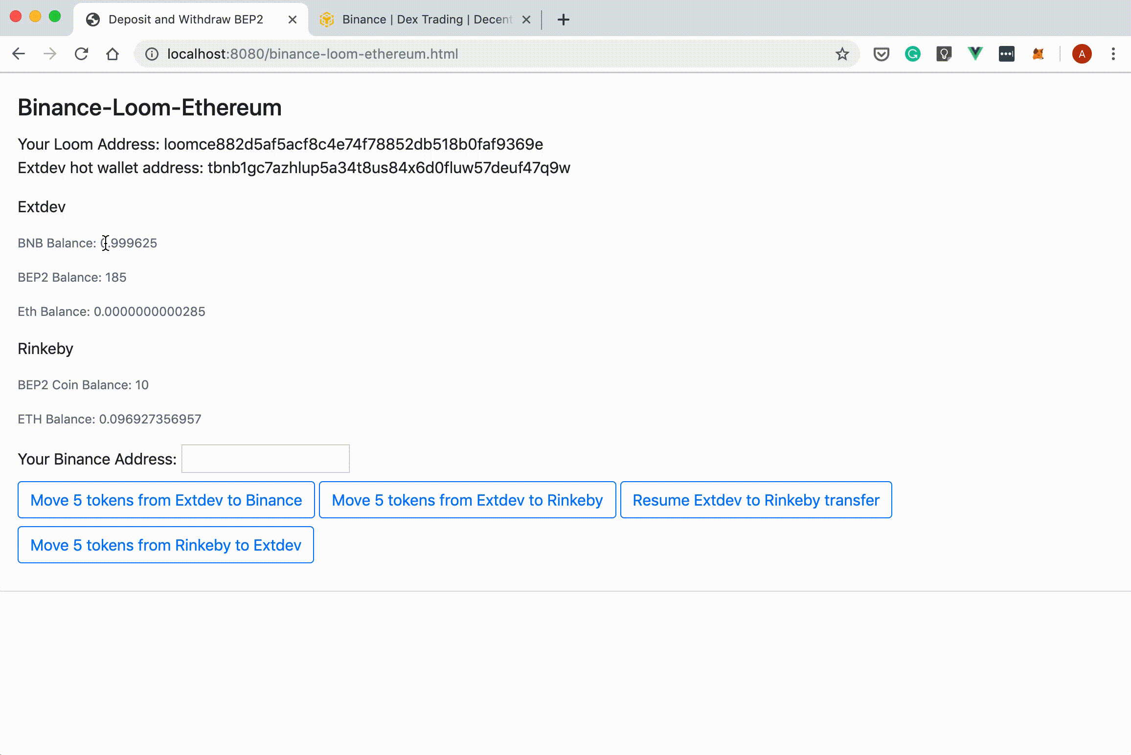 Move BNB from Binance to Extdev